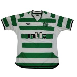 Celtic FC Soccer Jersey Mens Small Green White Umbro Hoops Vapa-Tech ntl Sponsor